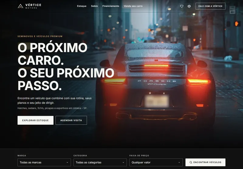 Página inicial do projeto conceito Vértice Motors