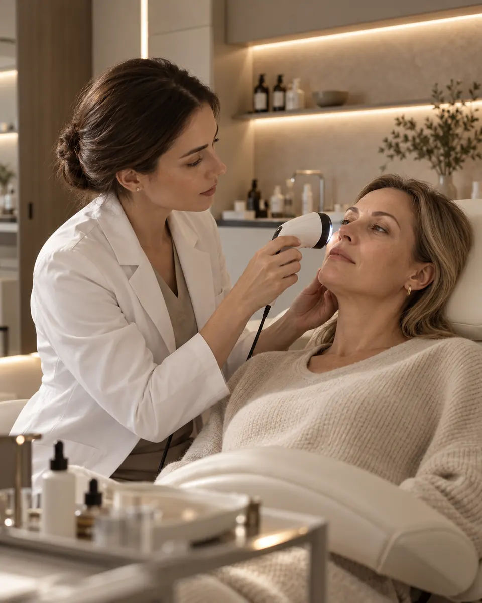Dermatologista da Clínica Lume avaliando a pele de uma paciente com um dermatoscópio