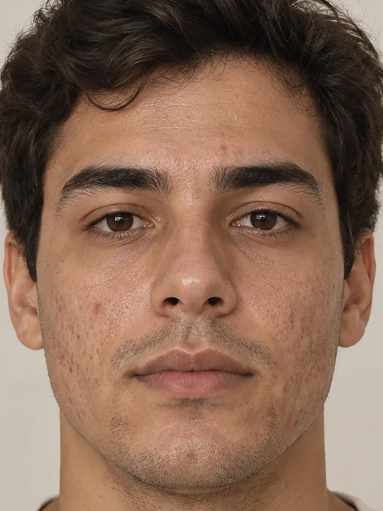 Antes: rosto de homem jovem com acne inflamatória