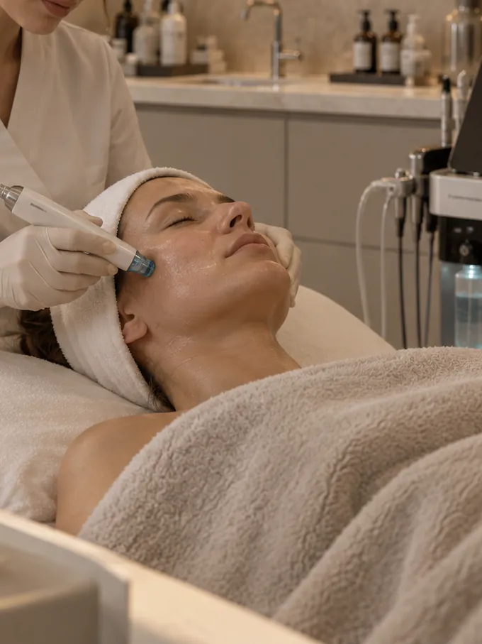 Paciente recebendo tratamento facial com equipamento de hidratação profunda