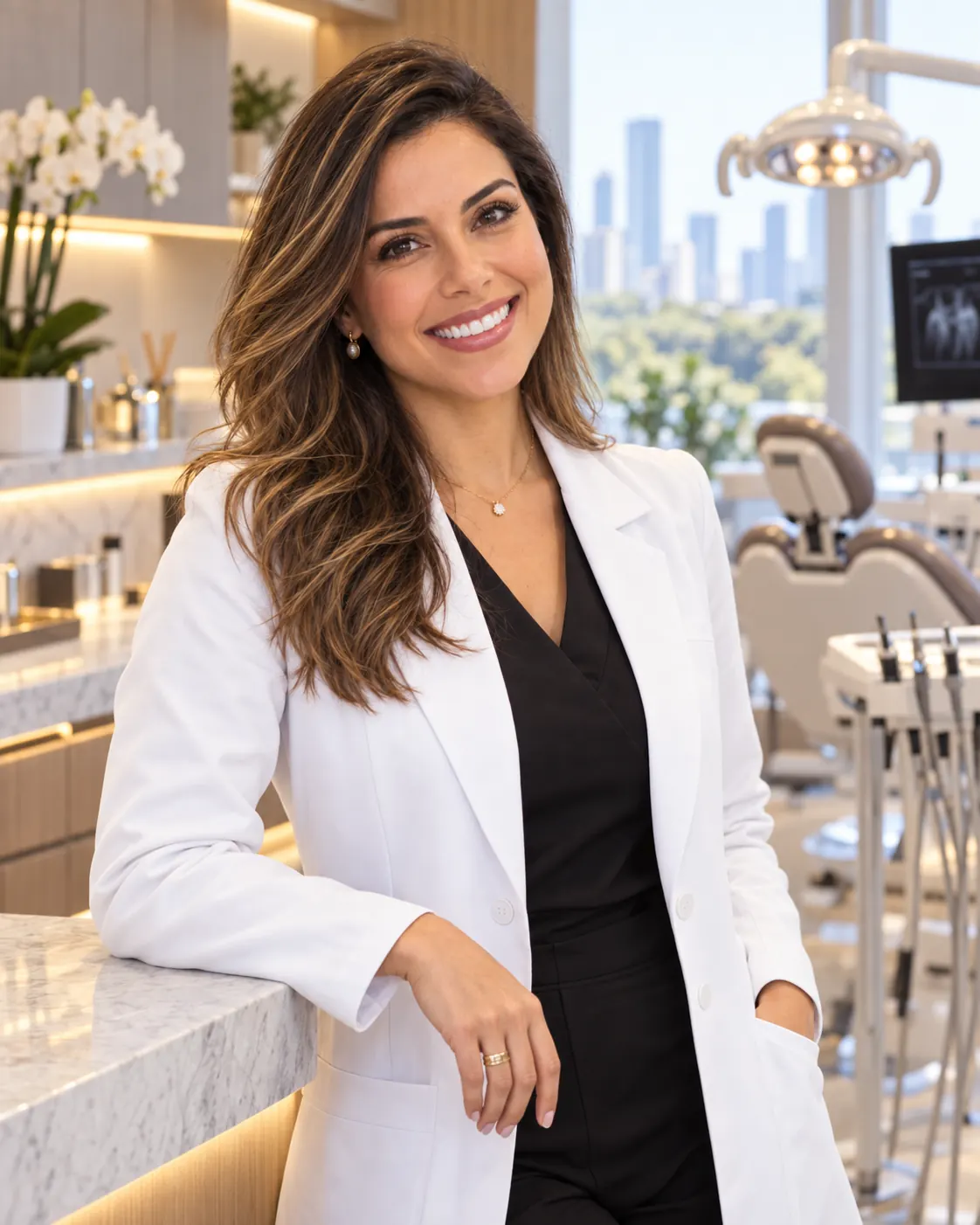 Retrato da Dra. Carla Freitas de jaleco branco, sorrindo e apoiada em uma bancada de mármore do consultório, com a cadeira odontológica e a vista da cidade ao fundo
