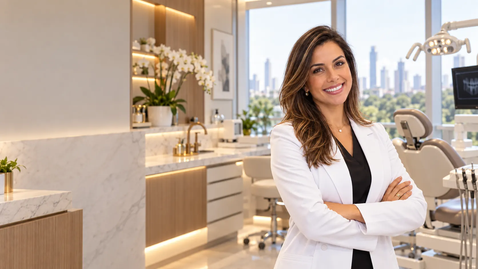 Dra. Carla Freitas, cirurgiã-dentista, sorrindo de braços cruzados em seu consultório com bancadas de mármore, orquídeas brancas e vista para a cidade de São Paulo