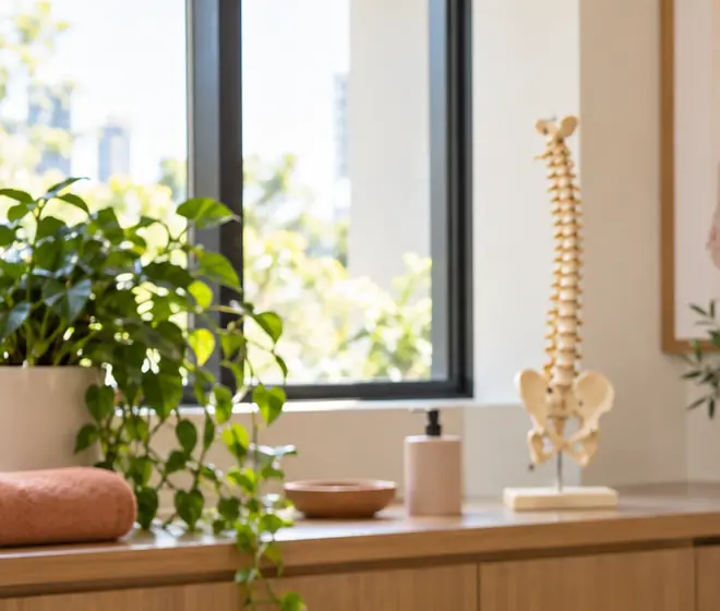 Bancada com plantas e modelo anatômico da coluna junto à janela