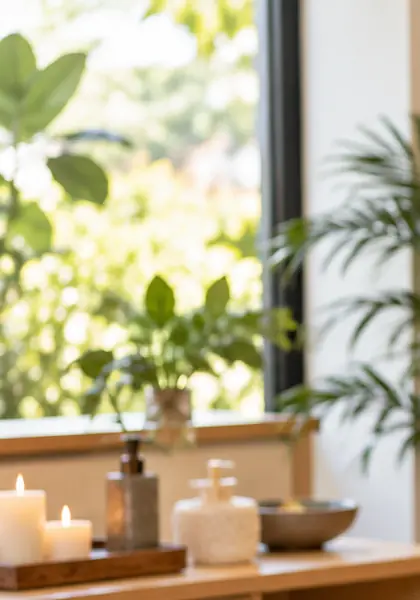 Canto da sala de terapia manual com velas, plantas e janela ampla