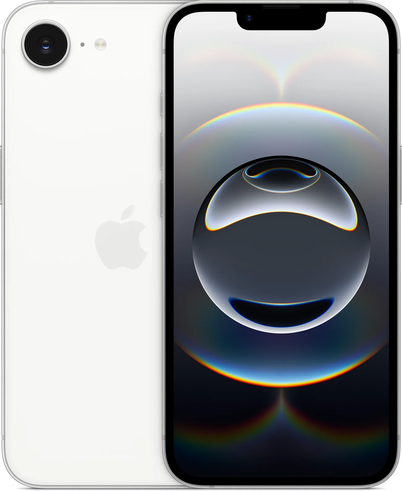 iPhone 16e branco, vistas traseira e frontal