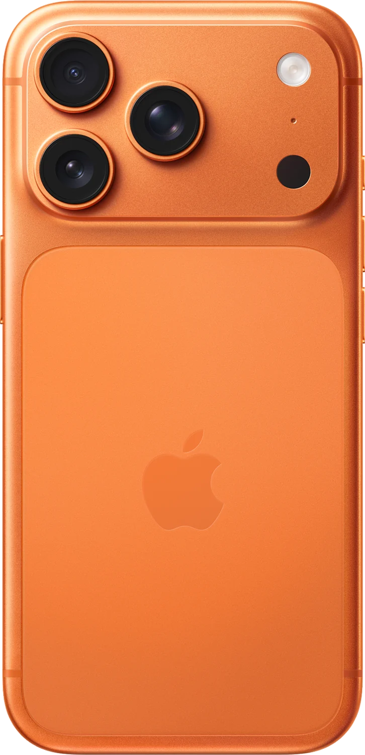 Traseira do iPhone 17 Pro laranja-cósmico com o platô de câmeras