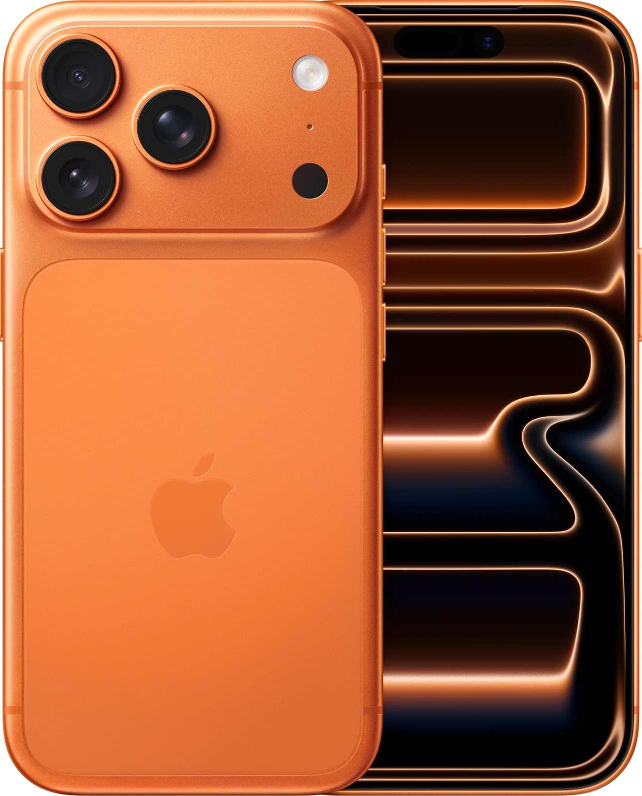 iPhone 17 Pro laranja-cósmico, vistas traseira e frontal