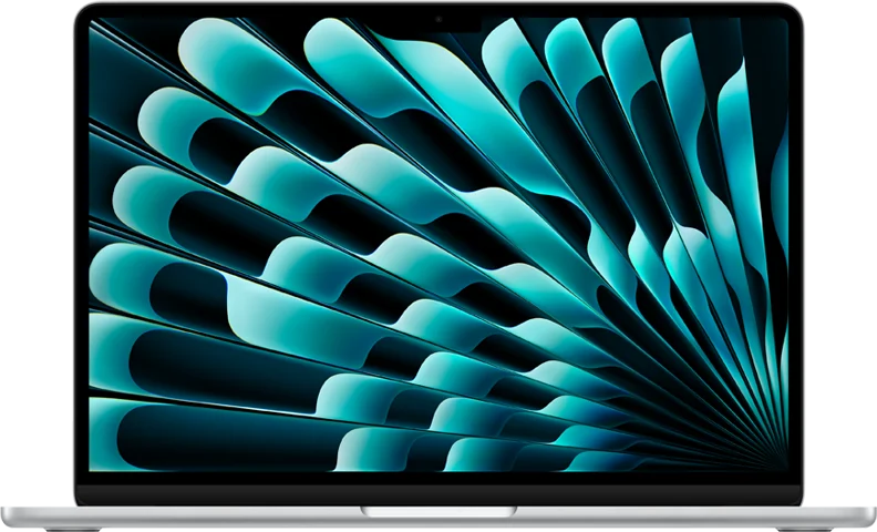 MacBook Air prateado aberto, visto de frente