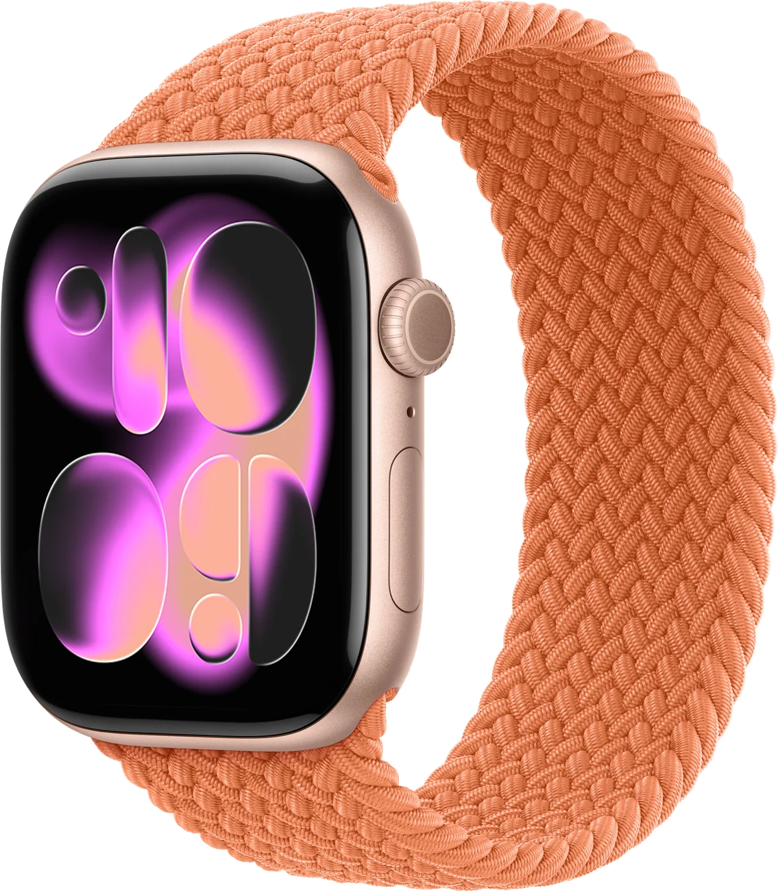 Apple Watch Series 11 ouro rosa com pulseira trançada coral