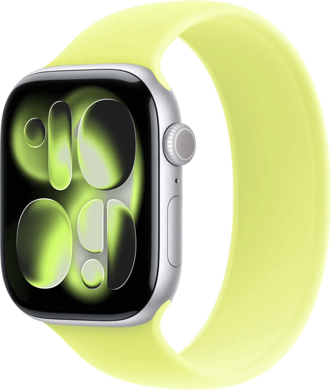 Apple Watch Series 11 prateado com pulseira esportiva amarela
