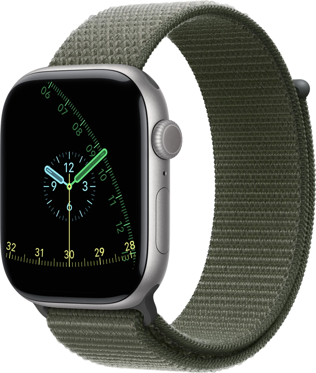 Apple Watch Series 11 cinza-espacial com pulseira loop esportiva verde